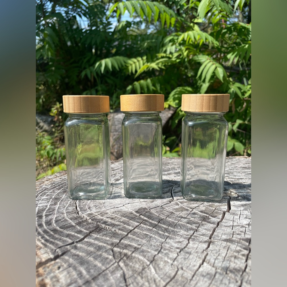Set of Three Glass Spice Jars with Wooden Lids
